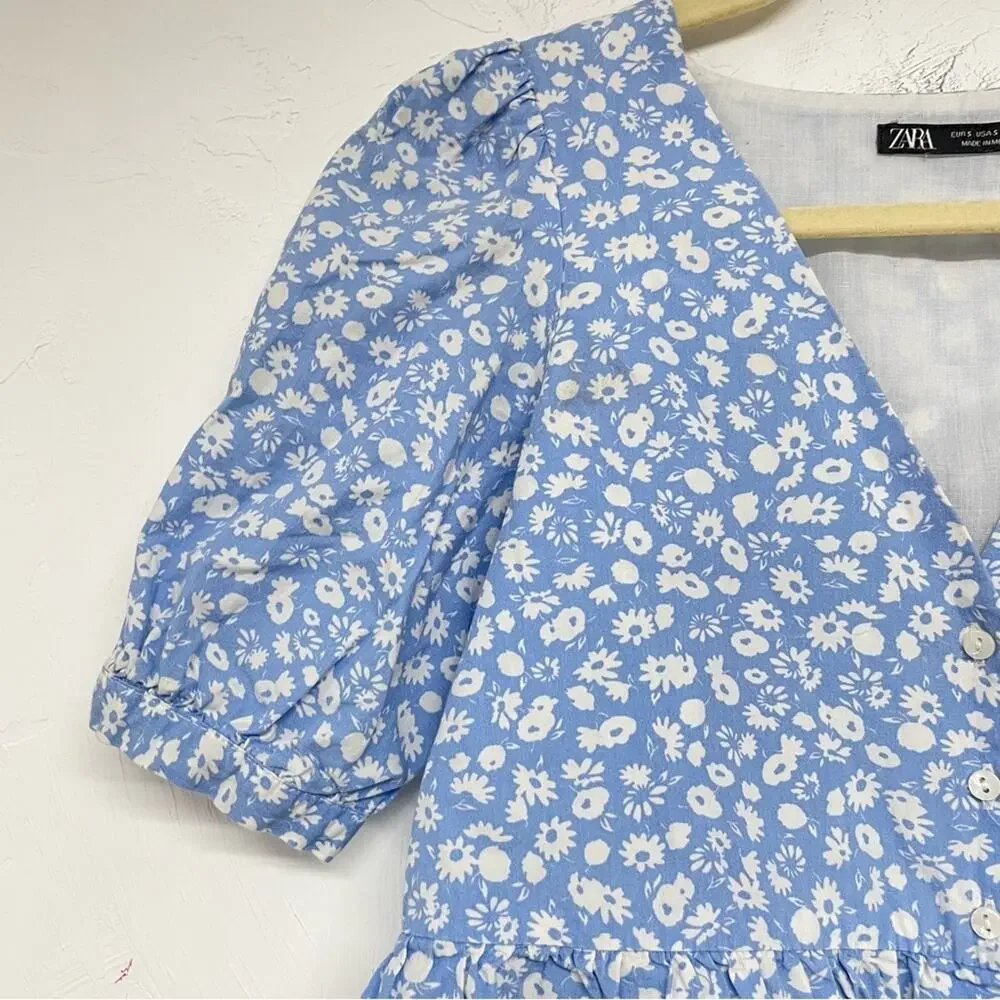 Zara Blue White Ditsy Floral Puff Sleeve Button Down Crop Top Blouse S Ruffled